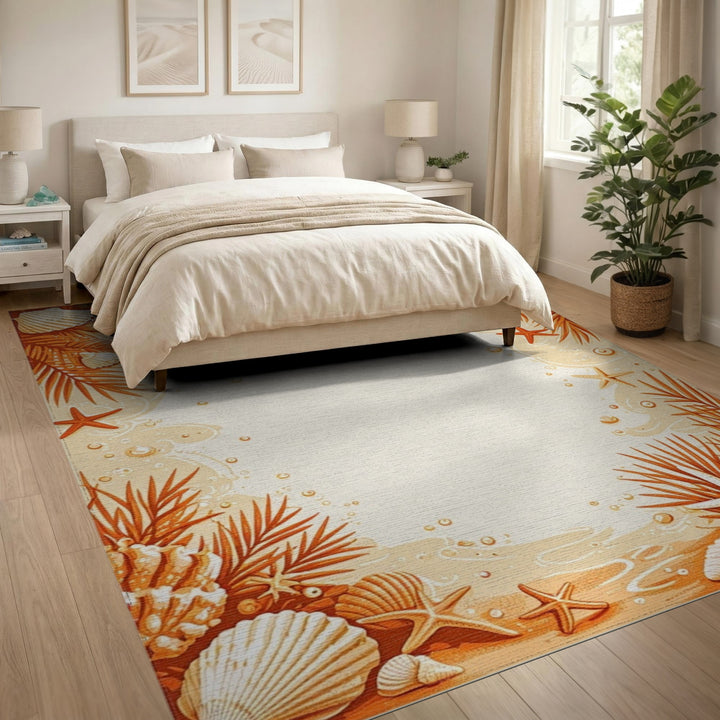 Orange Seashell Starfish Coastal Area Rug