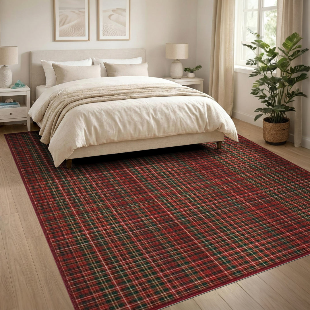 Geometric Modern Red Plaid Washable Area Rug