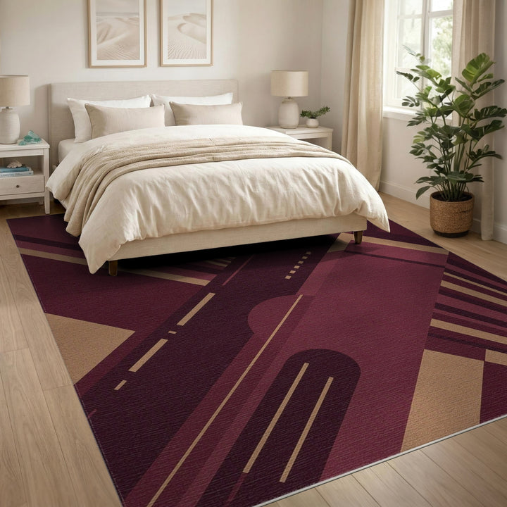Geometric Red Area Rug with Gold Accents