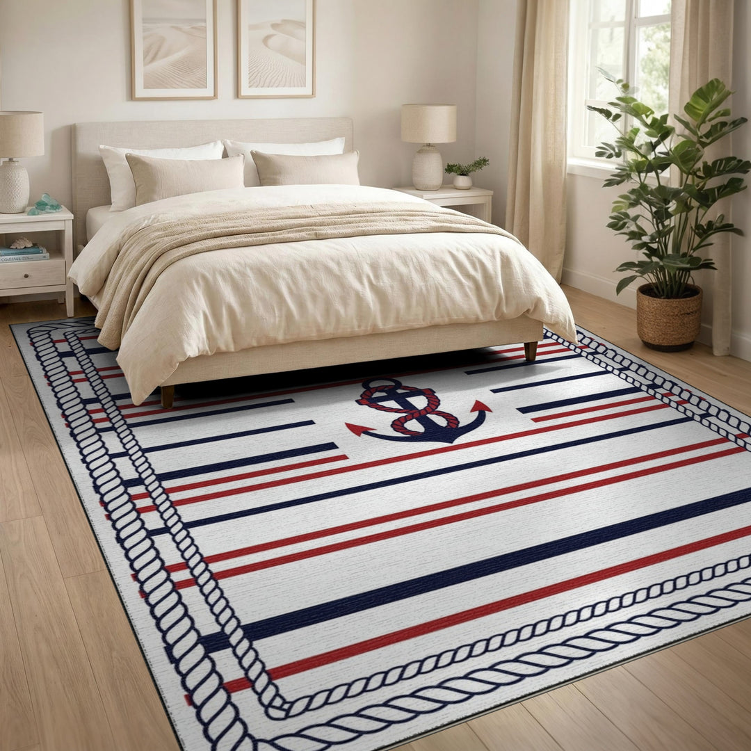 Nautical Anchor Striped Coastal Area Rug