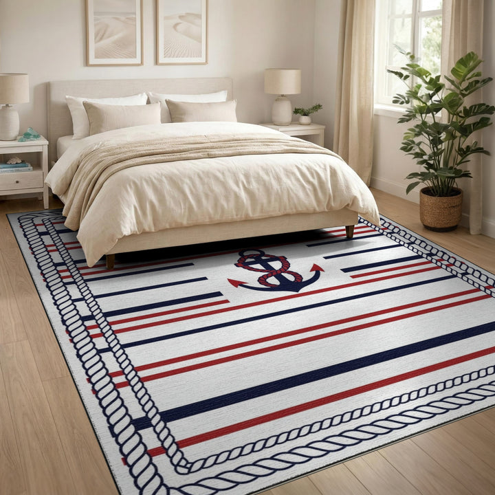 Nautical Anchor Striped Coastal Area Rug