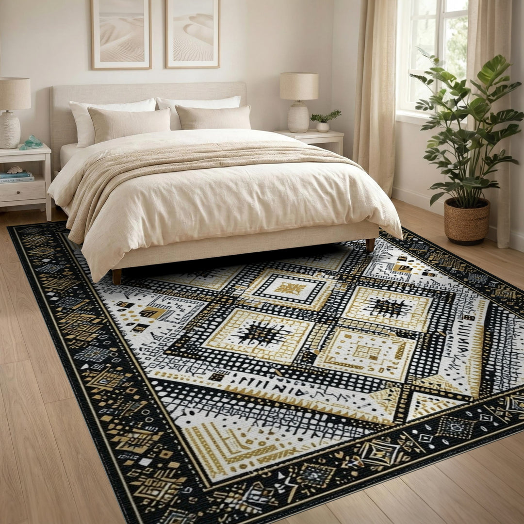 Black and White Black Gold Geometric Diamond Area Rug