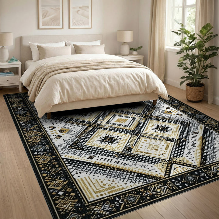 Black and White Black Gold Geometric Diamond Area Rug