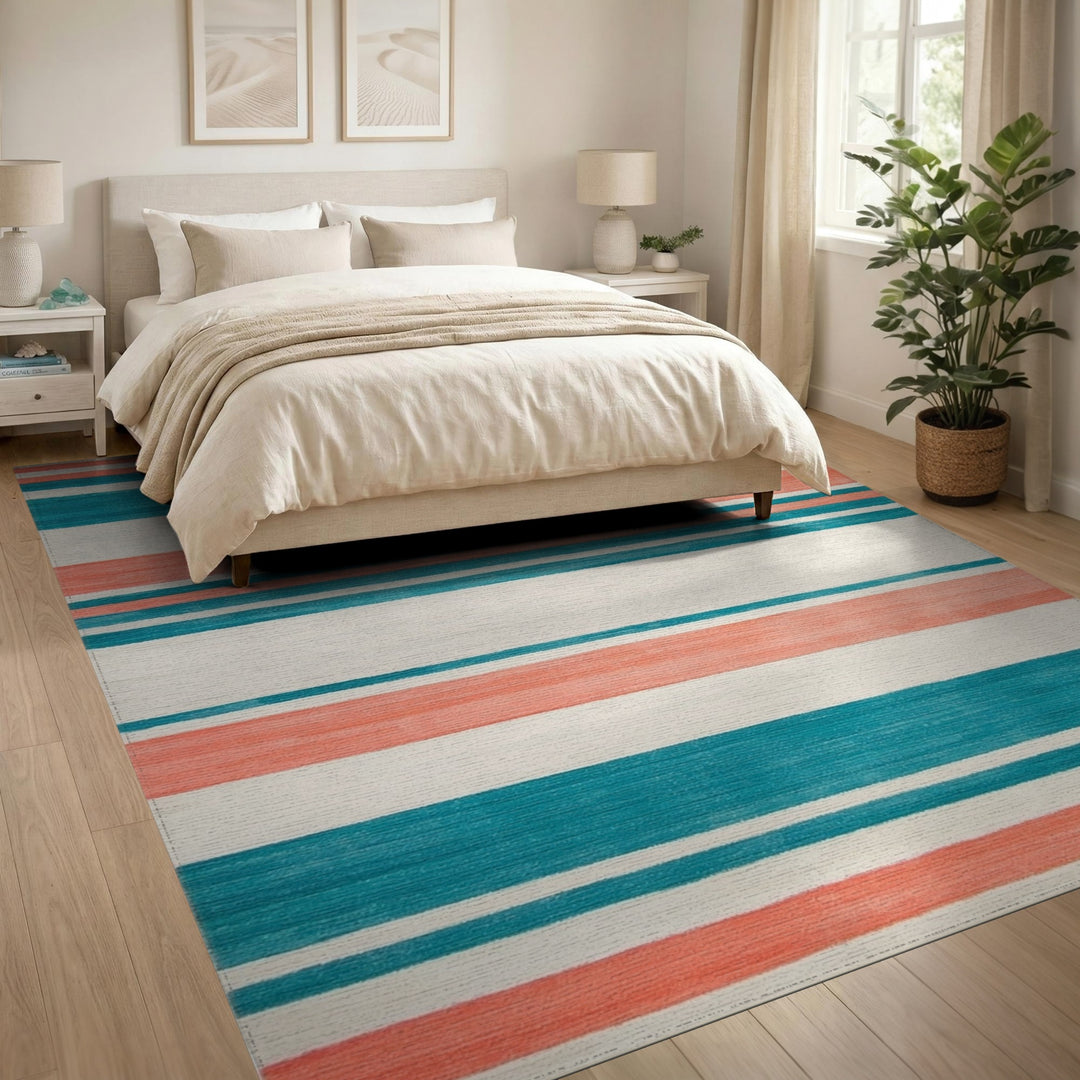 Teal Coral Striped Geometric Area Rug