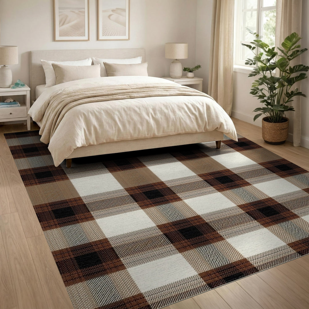 Brown and Tan Brown Plaid Checkered Area Rug