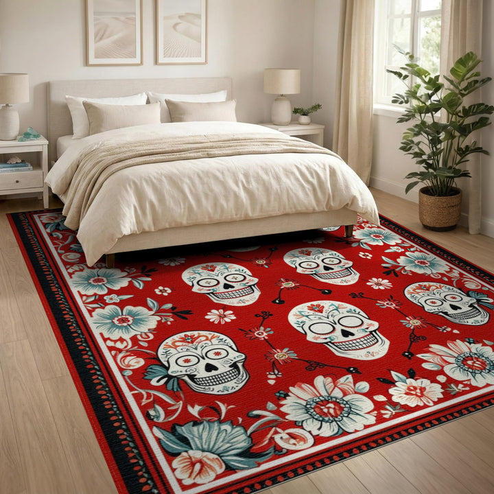 Red Floral Sugar Skull Area Rug