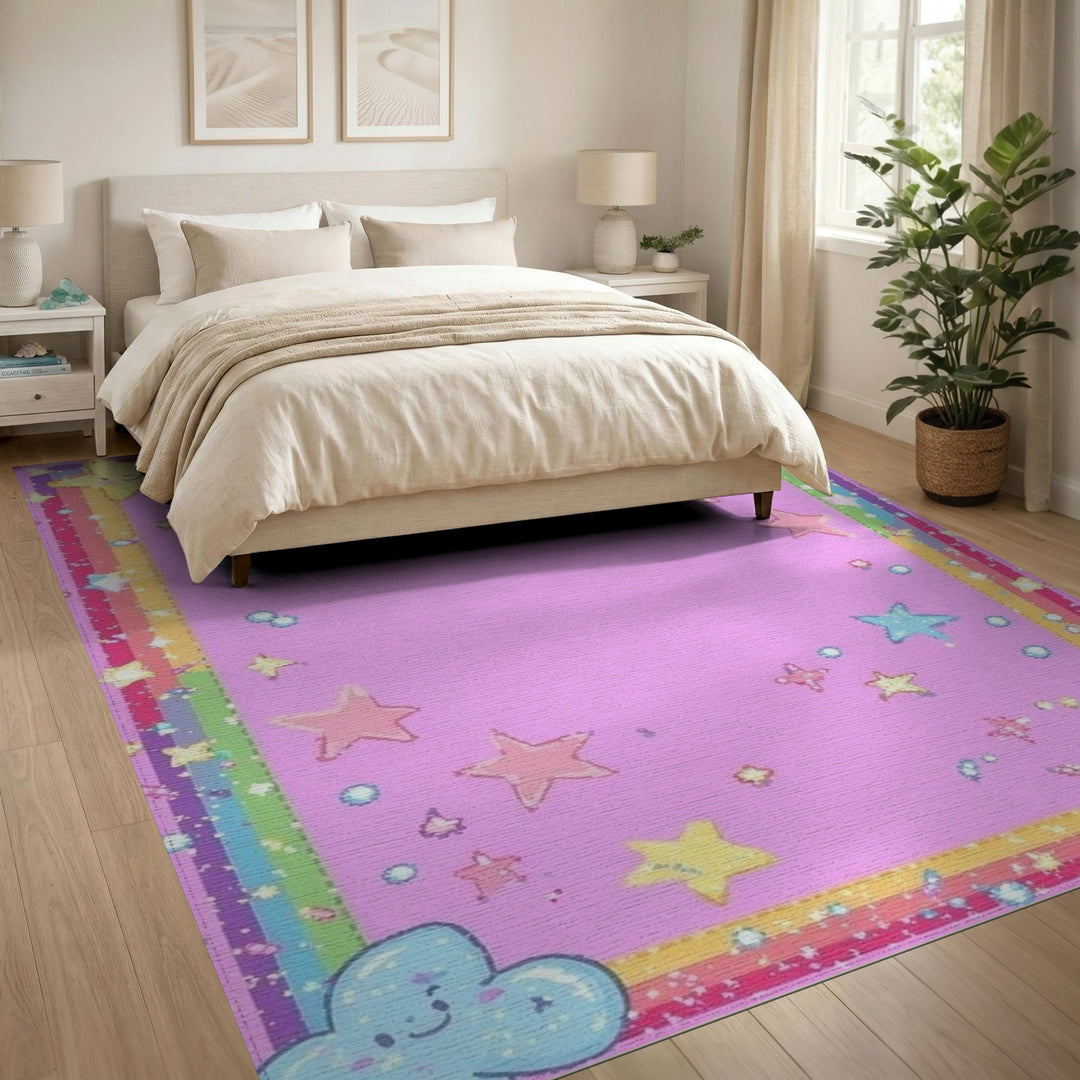 Pink Cartoon Stars Kids Area Rug