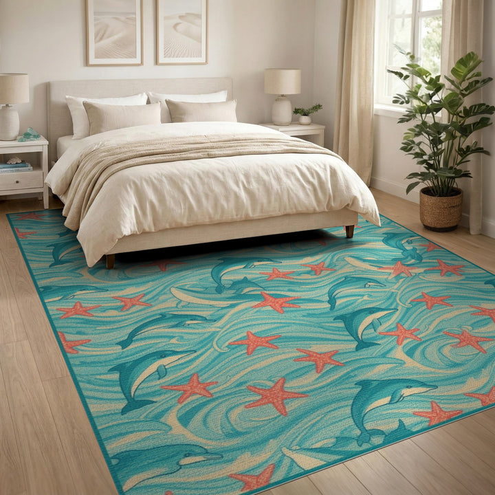 Dolphin Starfish Blue Teal Coastal Area Rug