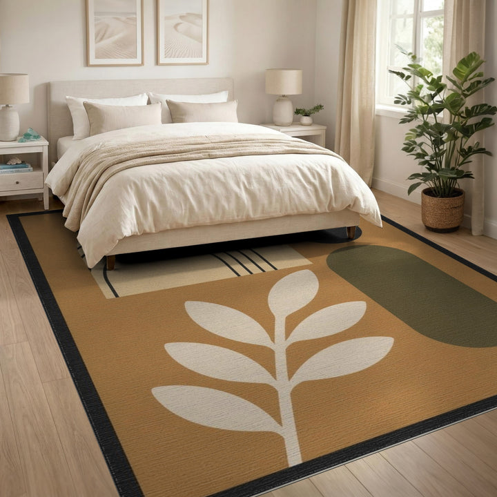 Abstract Brown Geometric Area Rug with Leaf