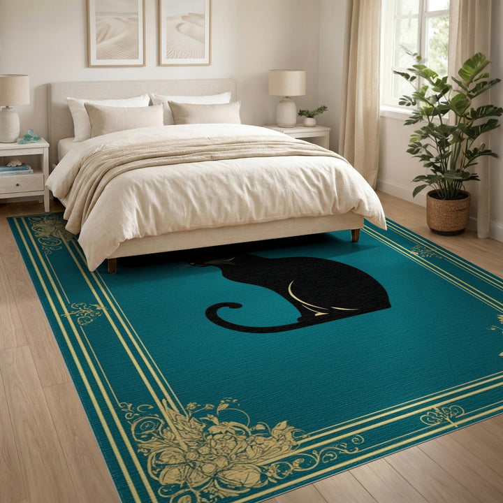 Black Cat Teal Floral Vintage Area Rug