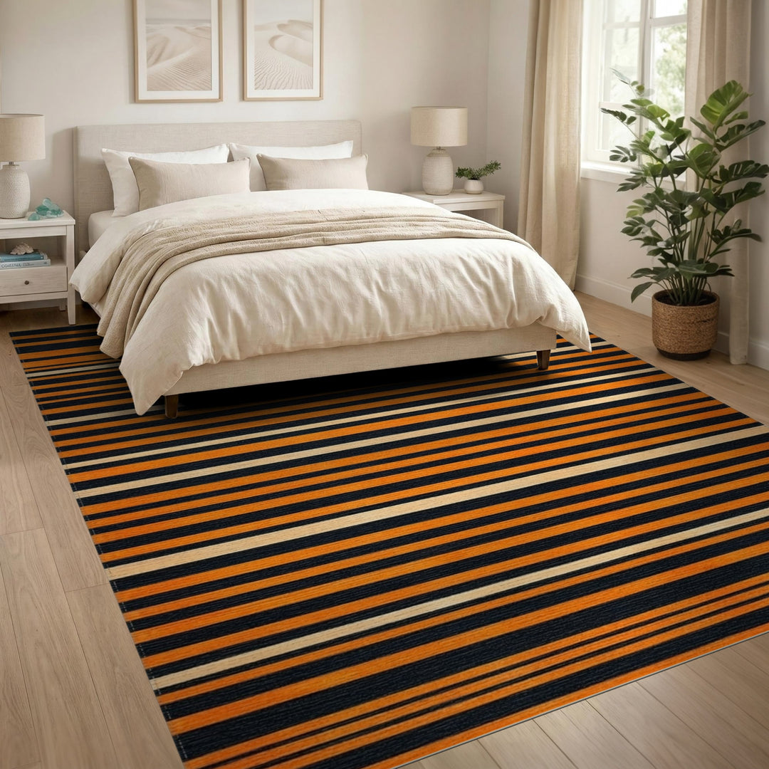 Orange and Black Striped Geometric Area Rug