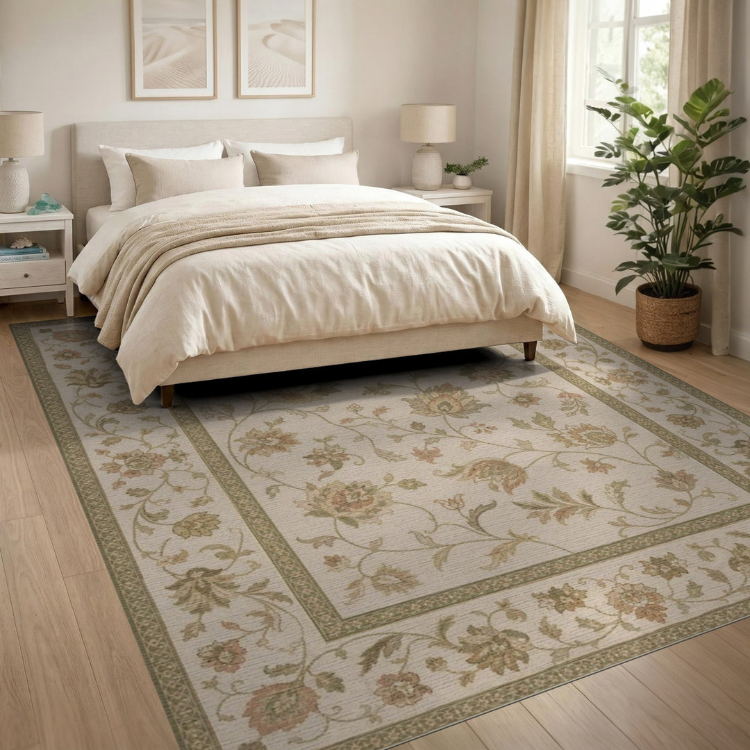 Floral Vintage Beige Area Rug with Green Accents