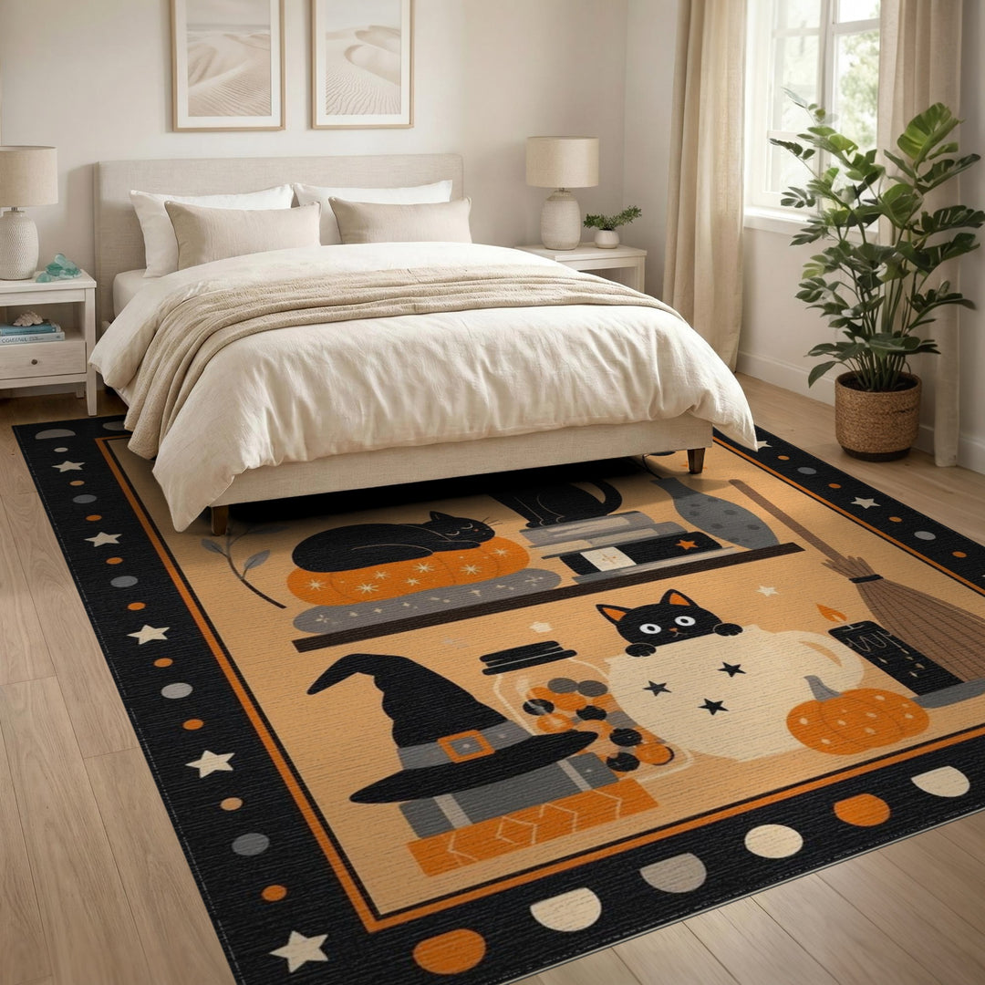 Multi-color and Patterns Black Cat Halloween Washable Area Rug