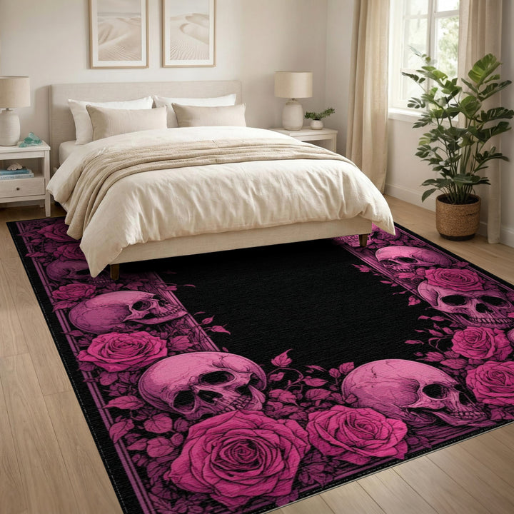 Pink Roses and Skulls Area Rug