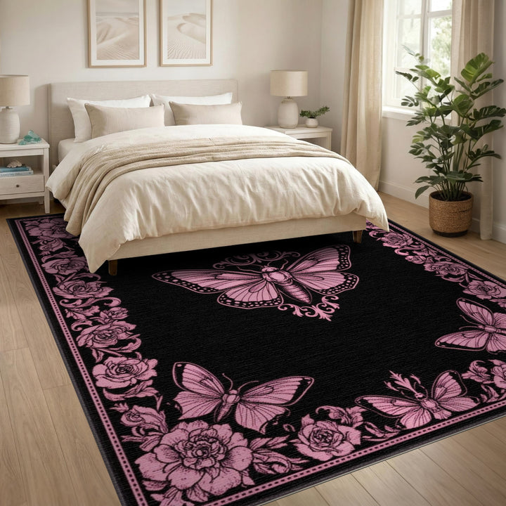 Pink Butterfly Vintage Floral Area Rug