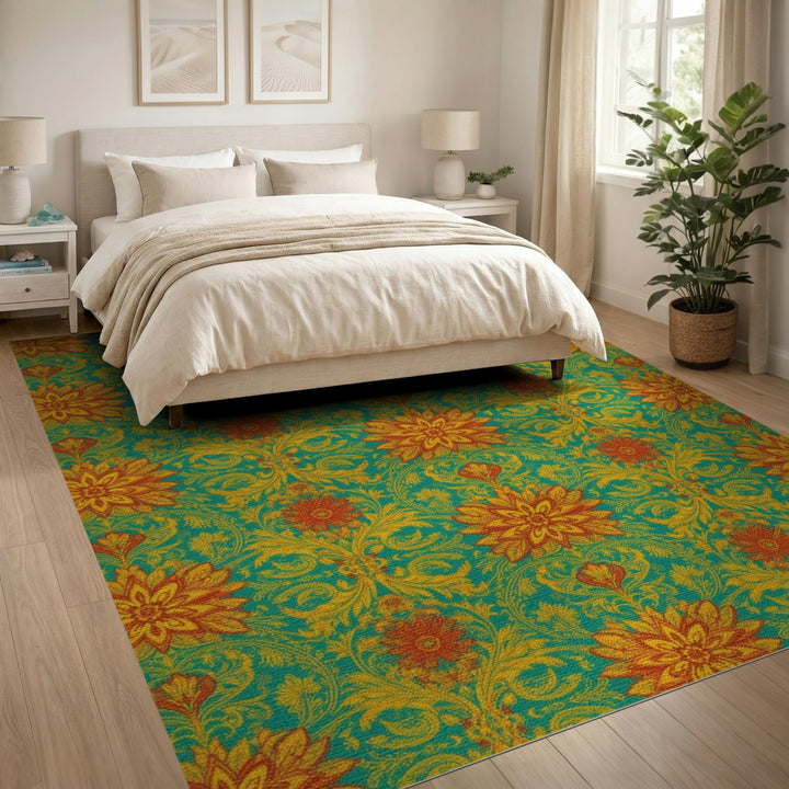 Teal Floral Vintage Area Rug