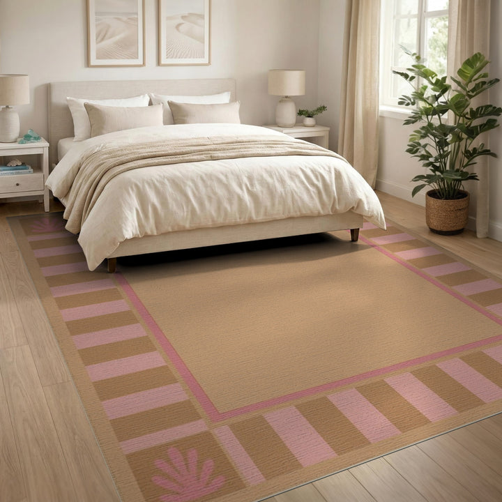 Pink Shell Brown Stripe Beige Area Rug