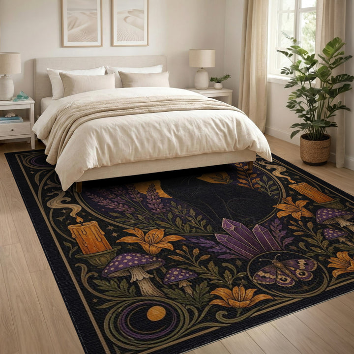 Mystic Black Cat Moon Purple Area Rug