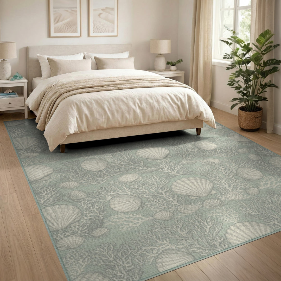 Coastal Seashell Teal Area Rug