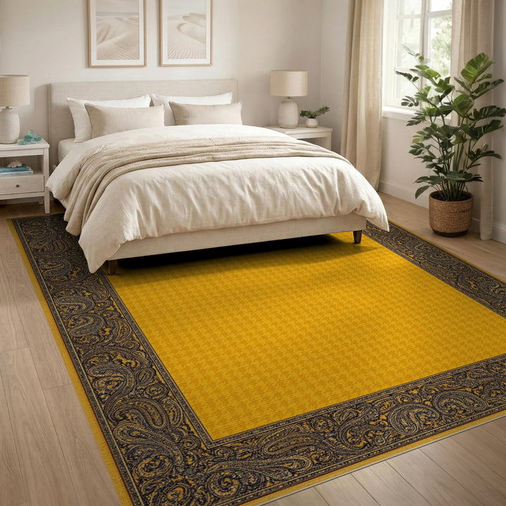 Yellow Paisley Border Traditional Rug