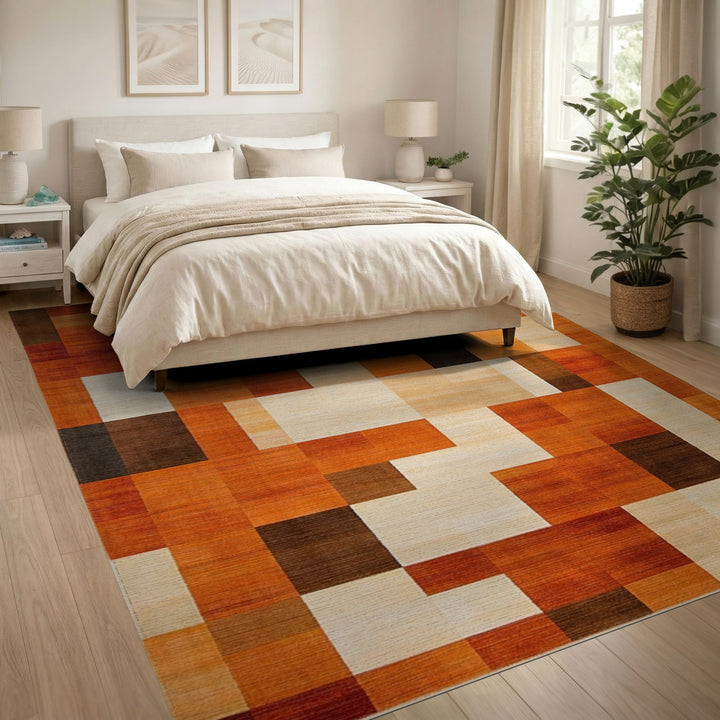 Warm Orange Geometric Block Area Rug