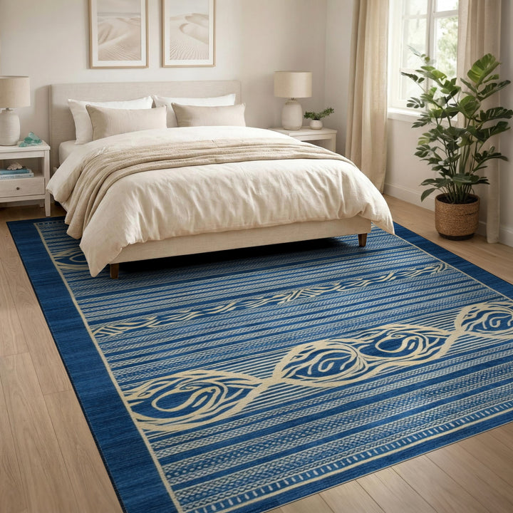 Navy Blue Coastal Wave Stripe Rug