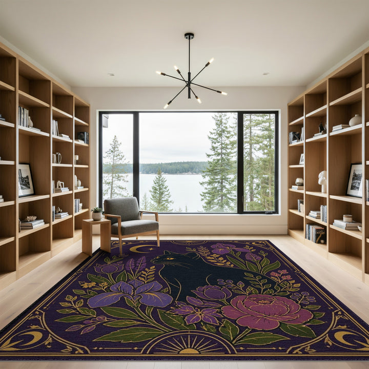 Mystic Black Cat Purple Floral Vintage Area Rug