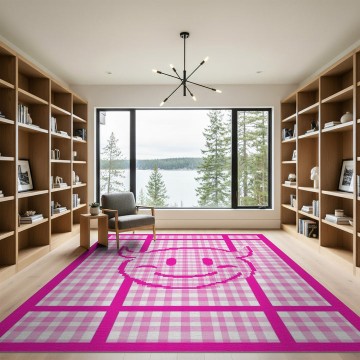 Pink Devil Smiley Checkered Kids Area Rug