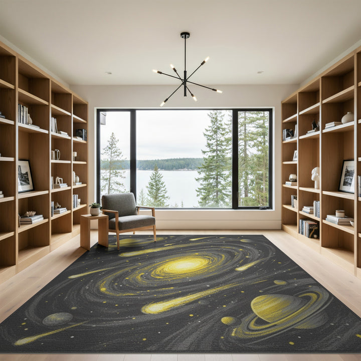 Yellow Galaxy Spiral Washable Area Rug