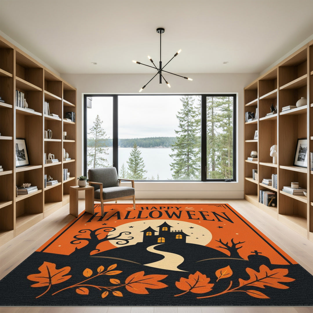 Orange Happy Halloween Haunted House Area Rug