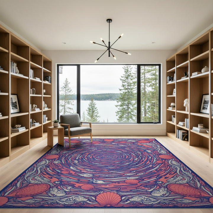 Red Swirling Fish Shells Washable Area Rug