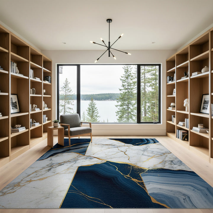 Navy Marble Gold Vein Area Rug