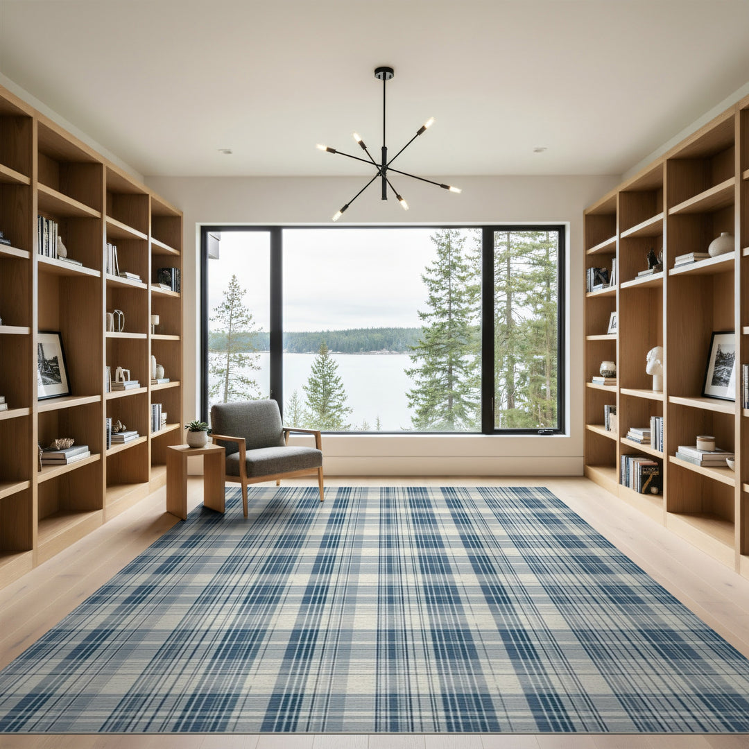Geometric Modern Blue and Teal Blue Plaid Washable Area Rug