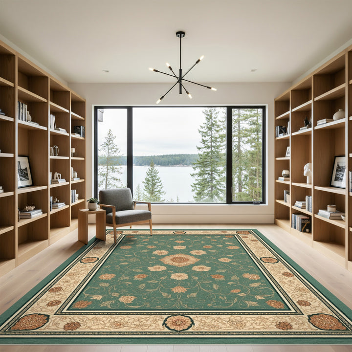 Teal Floral Vintage Area Rug with Cream Border