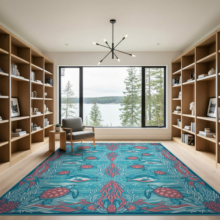 Blue Teal Sea Turtle Coastal Blue and Teal Area Rug