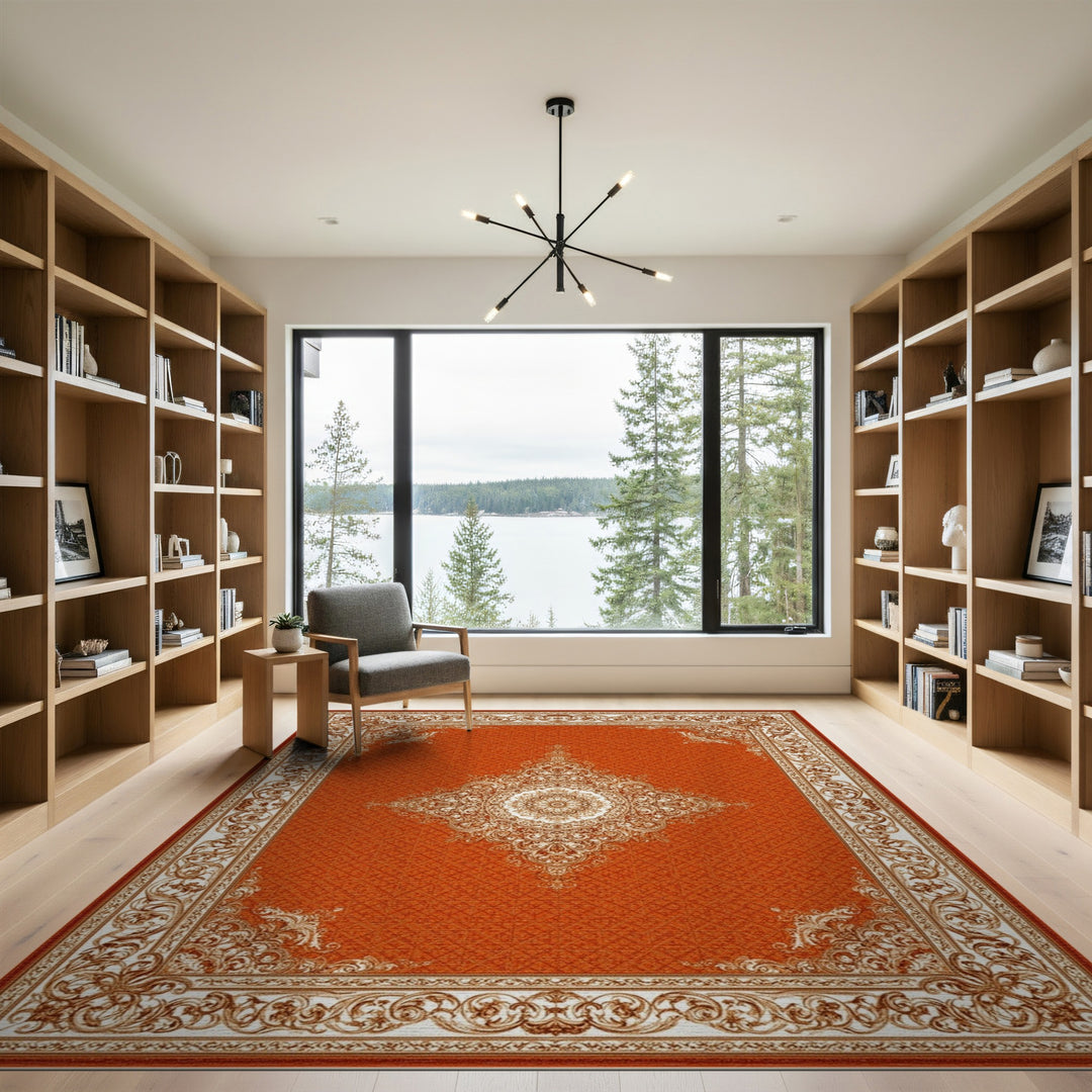 Red Traditional Persian Area Rug with Ivory Medallion