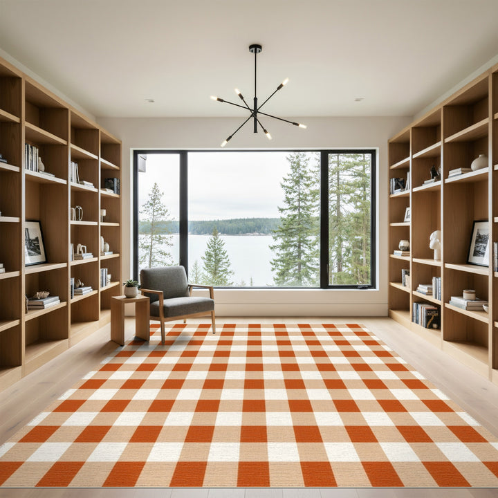 Orange Gingham Check Area Rug