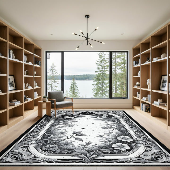 Black and White Celestial Floral Black White Area Rug