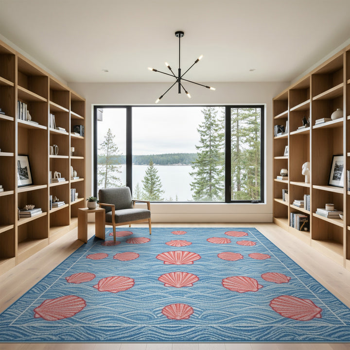 Blue Wave Red Seashell Coastal Area Rug