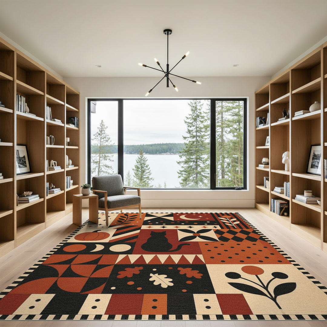 Geometric Black Cat Pumpkin Area Rug