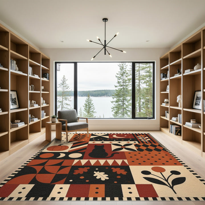 Geometric Black Cat Pumpkin Area Rug