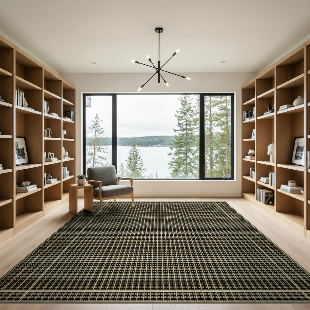 Black Geometric Grid Area Rug