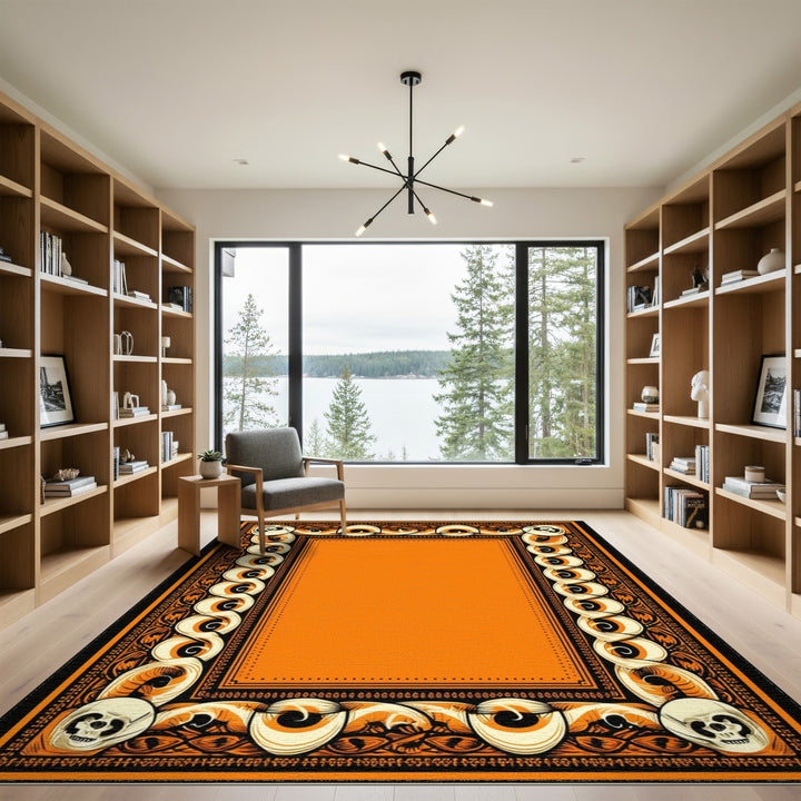 Orange Skull Tribal Border Area Rug