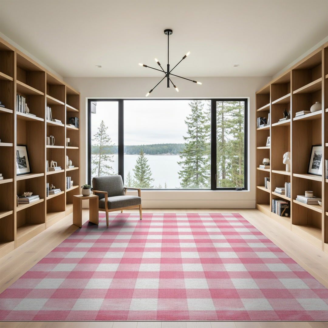 Geometric Modern Pink Gingham Checkered Washable Area Rug