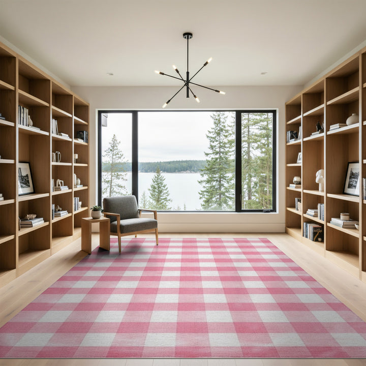 Geometric Modern Pink Gingham Checkered Washable Area Rug