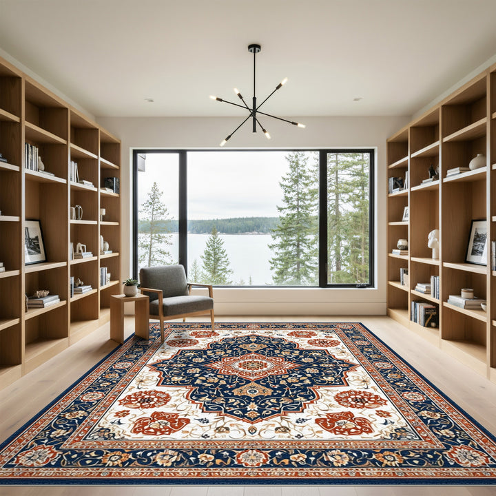 Navy Blue Persian Floral Medallion Blue and Teal Area Rug