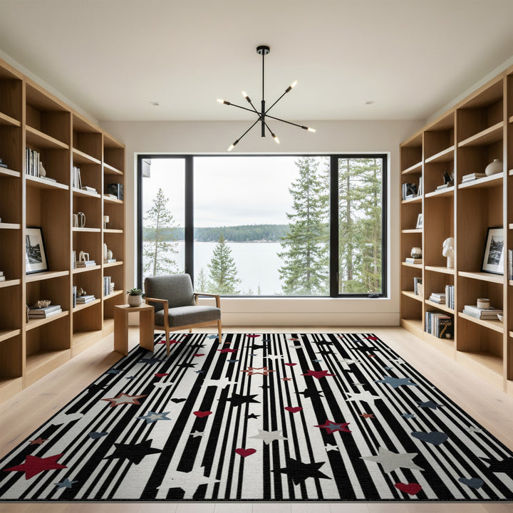 Black and White Black White Striped Stars and Hearts Area Rug