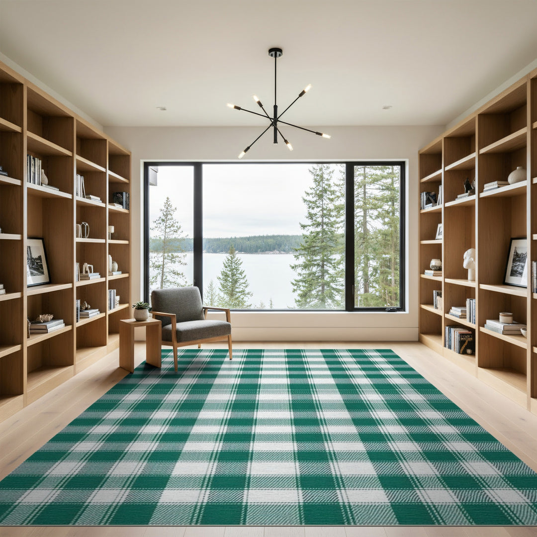 Green and White Plaid Checkered Area Rug
