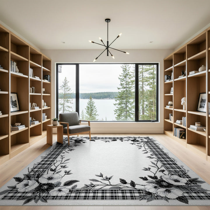 Black White Floral Vintage Plaid Area Rug