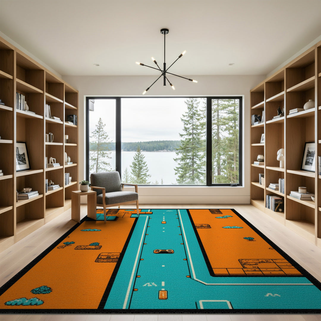 Orange Pixel Highway Kids Area Rug